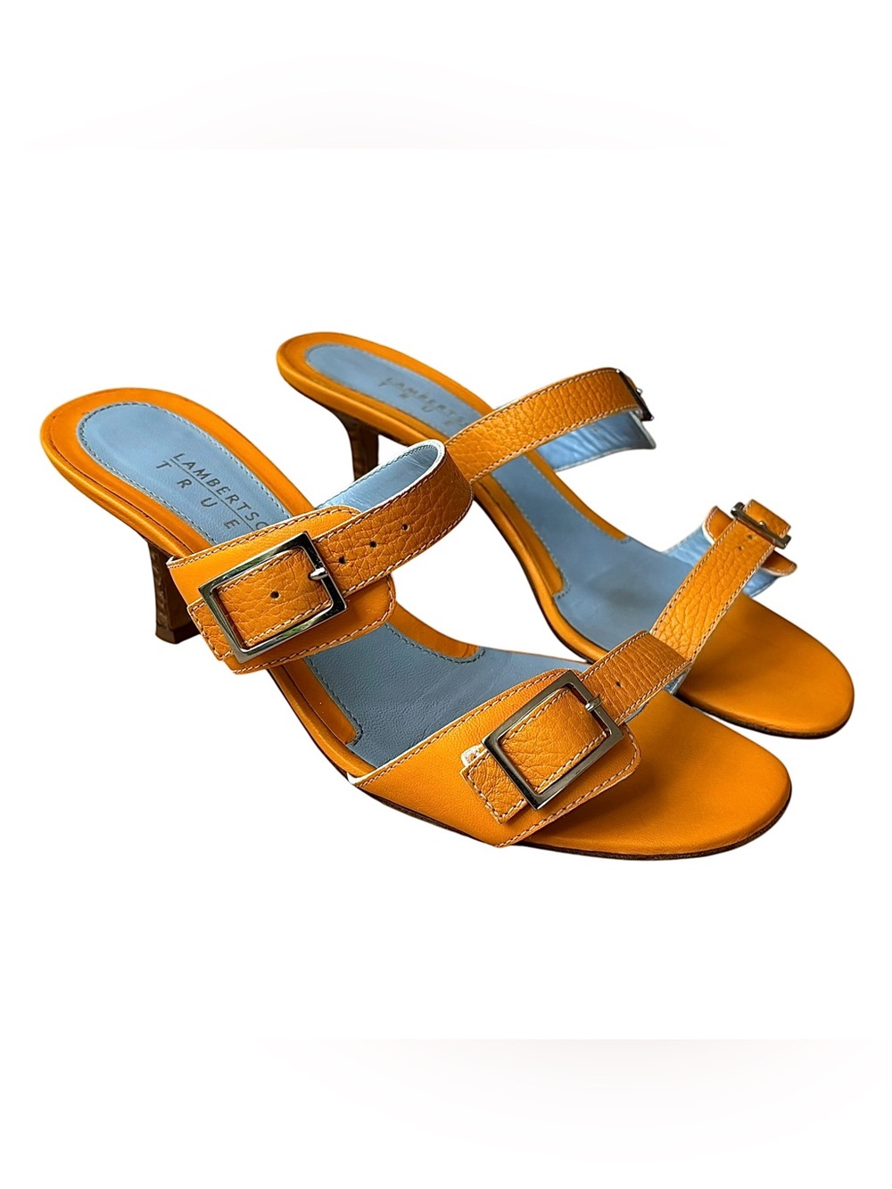 LAMBERTSON TRUEX Marigold Leather Heeled Sandals w/ Buckles - Picture 2 of 16